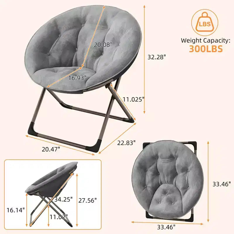 Fauteuil soucoupe géant confortable, chaise longue de lecture en tissu peluche doux pour adultes, chaise d'appoint paresseuse pliable à cadre métallique X-Large stable pour chambre à coucher, dortoir