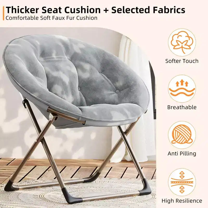 Fauteuil soucoupe géant confortable, chaise longue de lecture en tissu peluche doux pour adultes, chaise d'appoint paresseuse pliable à cadre métallique X-Large stable pour chambre à coucher, dortoir