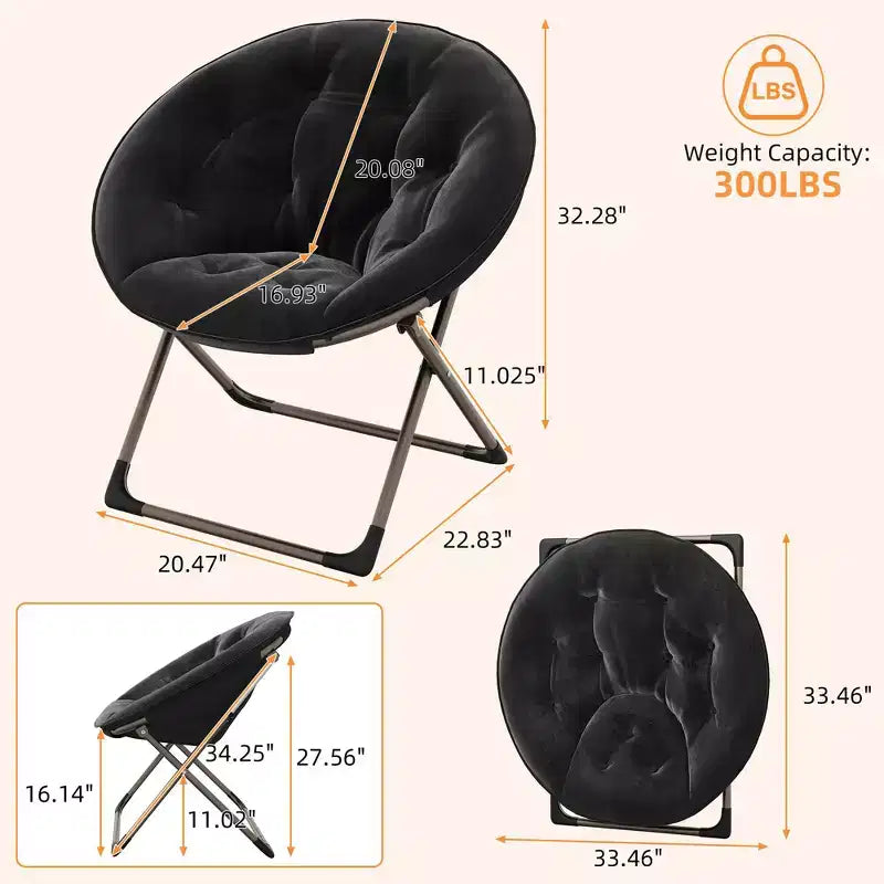 Fauteuil soucoupe géant confortable, chaise longue de lecture en tissu peluche doux pour adultes, chaise d'appoint paresseuse pliable à cadre métallique X-Large stable pour chambre à coucher, dortoir