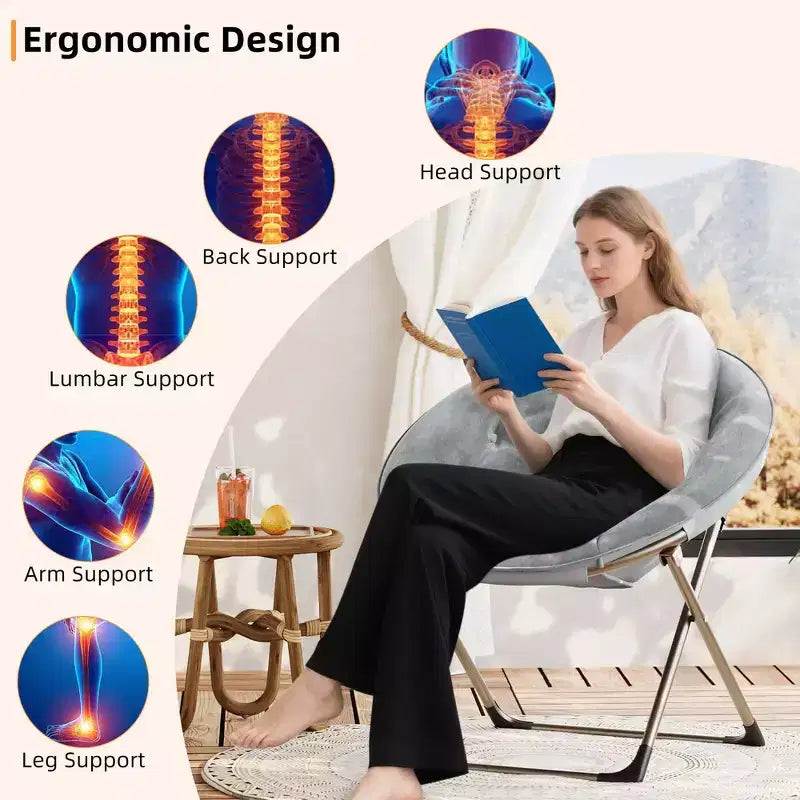 Fauteuil soucoupe géant confortable, chaise longue de lecture en tissu peluche doux pour adultes, chaise d'appoint paresseuse pliable à cadre métallique X-Large stable pour chambre à coucher, dortoir