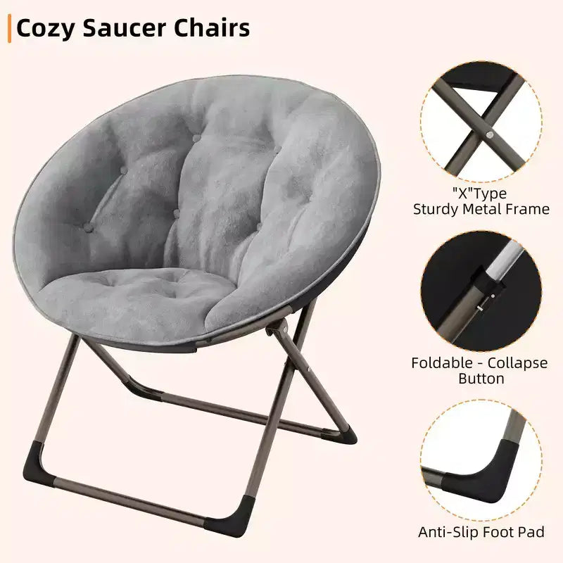 Fauteuil soucoupe géant confortable, chaise longue de lecture en tissu peluche doux pour adultes, chaise d'appoint paresseuse pliable à cadre métallique X-Large stable pour chambre à coucher, dortoir