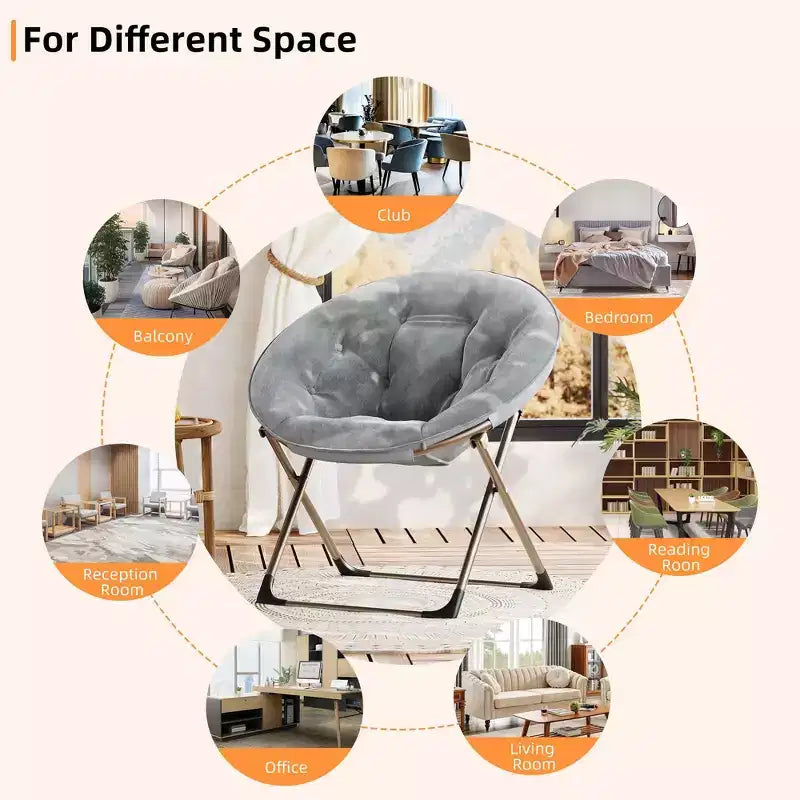 Fauteuil soucoupe géant confortable, chaise longue de lecture en tissu peluche doux pour adultes, chaise d'appoint paresseuse pliable à cadre métallique X-Large stable pour chambre à coucher, dortoir