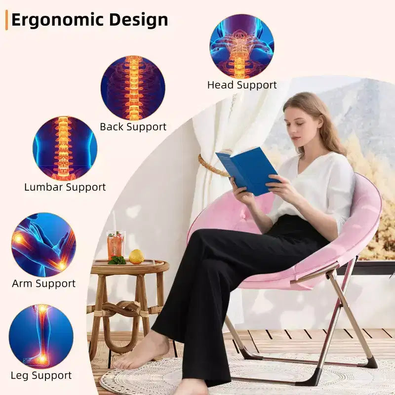 Fauteuil soucoupe géant confortable, chaise longue de lecture en tissu peluche doux pour adultes, chaise d'appoint paresseuse pliable à cadre métallique X-Large stable pour chambre à coucher, dortoir