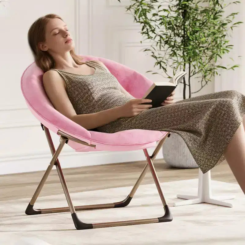 Fauteuil soucoupe géant confortable, chaise longue de lecture en tissu peluche doux pour adultes, chaise d'appoint paresseuse pliable à cadre métallique X-Large stable pour chambre à coucher, dortoir