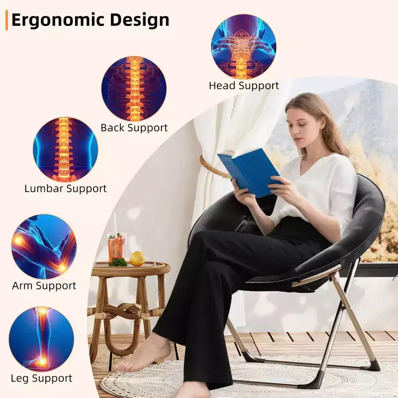 Fauteuil soucoupe géant confortable, chaise longue de lecture en tissu peluche doux pour adultes, chaise d'appoint paresseuse pliable à cadre métallique X-Large stable pour chambre à coucher, dortoir