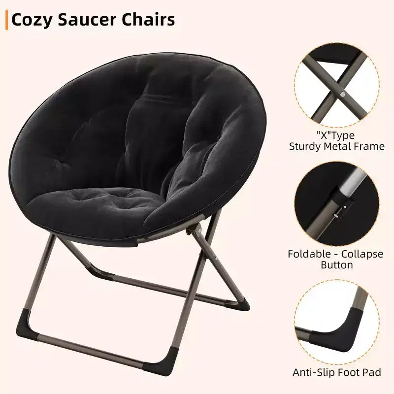 Fauteuil soucoupe géant confortable, chaise longue de lecture en tissu peluche doux pour adultes, chaise d'appoint paresseuse pliable à cadre métallique X-Large stable pour chambre à coucher, dortoir