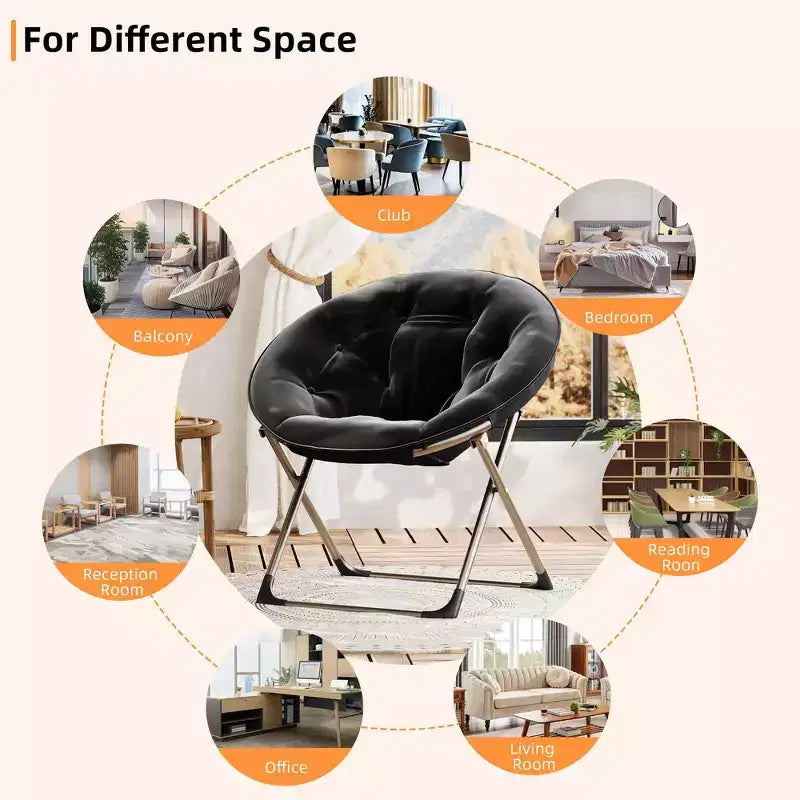 Fauteuil soucoupe géant confortable, chaise longue de lecture en tissu peluche doux pour adultes, chaise d'appoint paresseuse pliable à cadre métallique X-Large stable pour chambre à coucher, dortoir