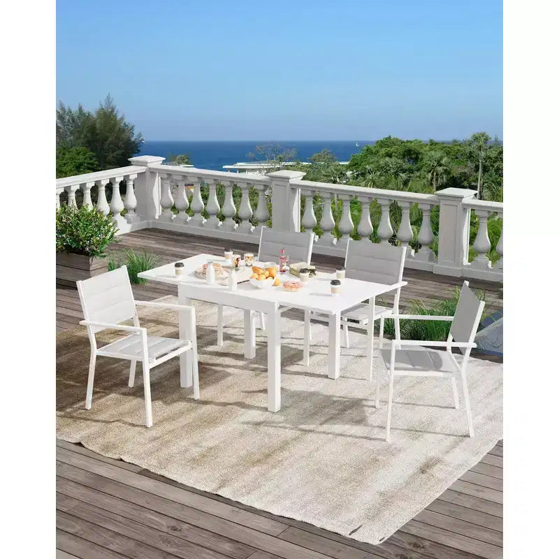 Table à manger d'extérieur extensible pour 4-6 personnes, table de patio en aluminium de 80 à 160 cm avec plateau aspect bois, pour véranda, terrasse, jardin
