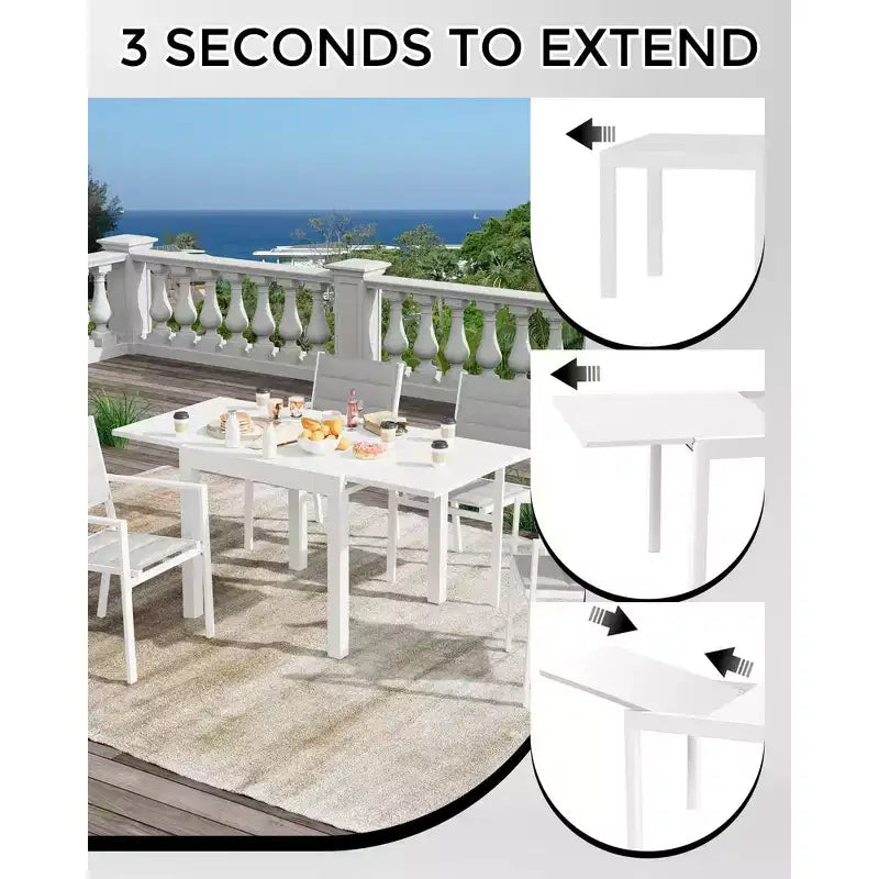 Table à manger d'extérieur extensible pour 4-6 personnes, table de patio en aluminium de 80 à 160 cm avec plateau aspect bois, pour véranda, terrasse, jardin