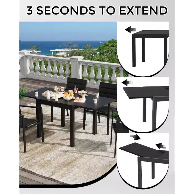 Table à manger d'extérieur extensible pour 4-6 personnes, table de patio en aluminium de 80 à 160 cm avec plateau aspect bois, pour véranda, terrasse, jardin