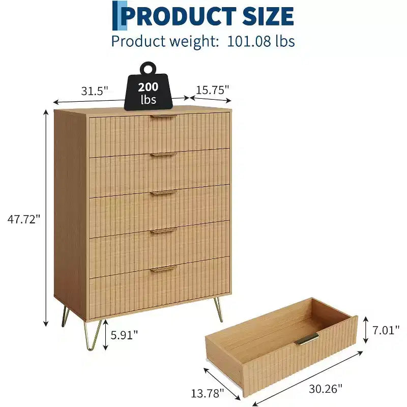 Commode cannelée à 5 tiroirs, organisateur de commode moderne de 32 pouces avec poignées métalliques pour chambre ou salon