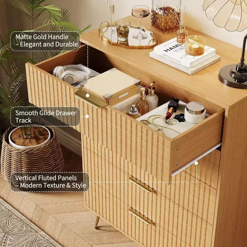 Commode cannelée à 5 tiroirs, organisateur de commode moderne de 32 pouces avec poignées métalliques pour chambre ou salon
