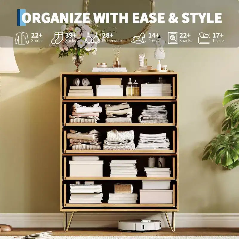 Commode cannelée à 5 tiroirs, organisateur de commode moderne de 32 pouces avec poignées métalliques pour chambre ou salon