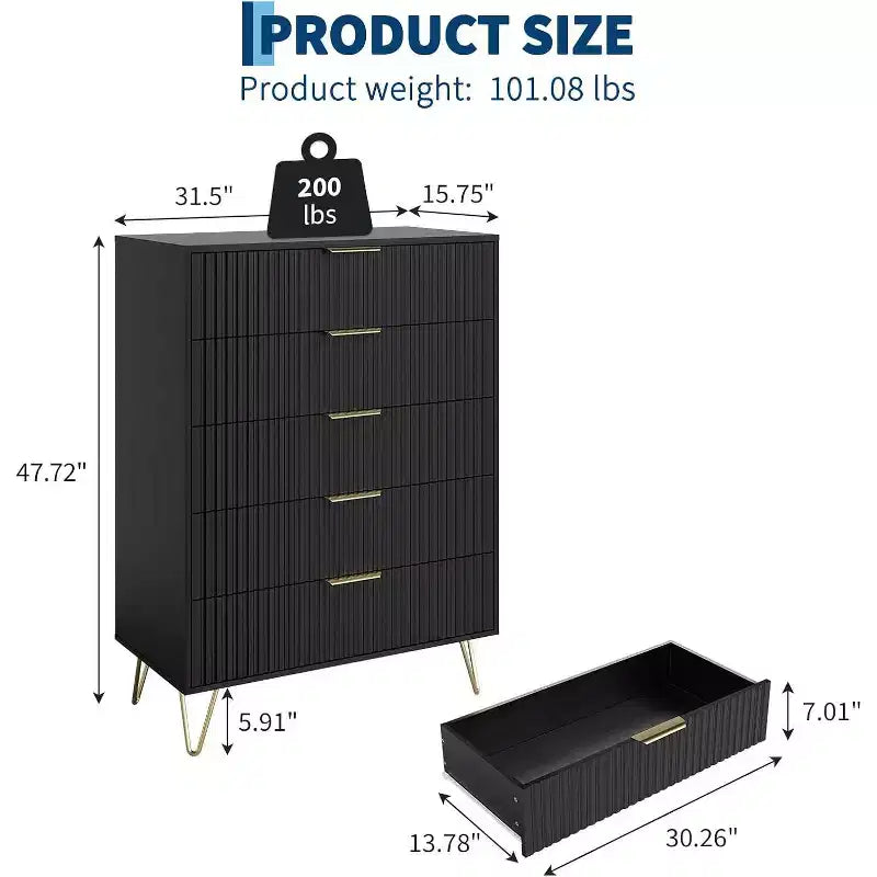 Commode cannelée à 5 tiroirs, organisateur de commode moderne de 32 pouces avec poignées métalliques pour chambre ou salon