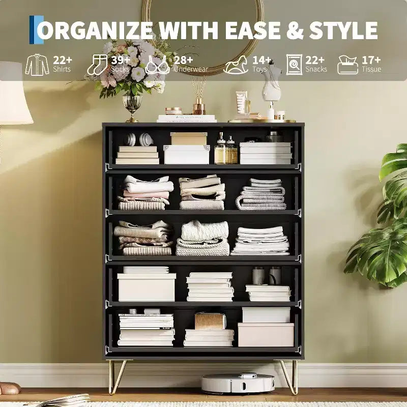 Commode cannelée à 5 tiroirs, organisateur de commode moderne de 32 pouces avec poignées métalliques pour chambre ou salon