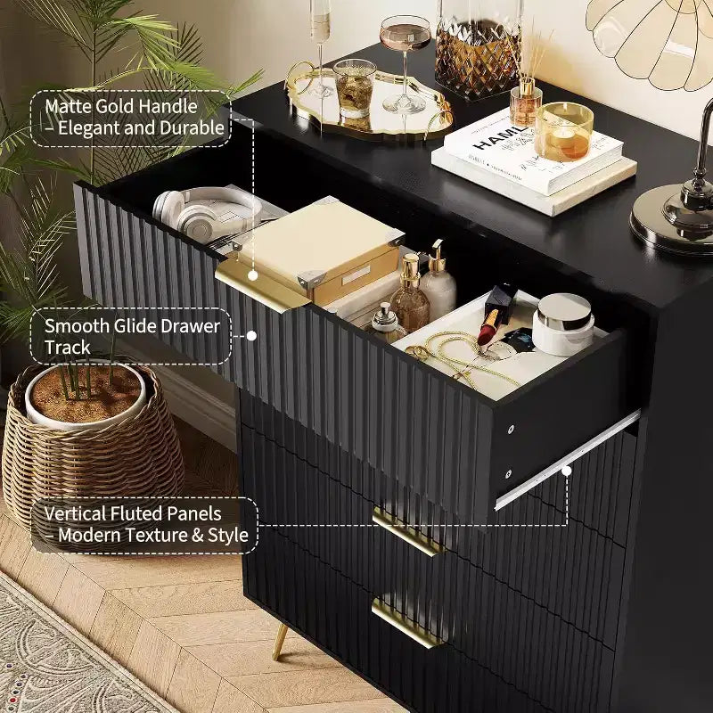 Commode cannelée à 5 tiroirs, organisateur de commode moderne de 32 pouces avec poignées métalliques pour chambre ou salon