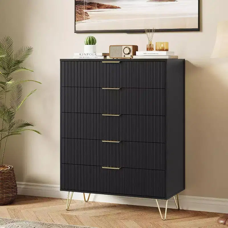 Acekool Fluted 5 Drawer Dresser, 32 Modern Chest Organizer with Metal Handles for Bedroom or Living Room