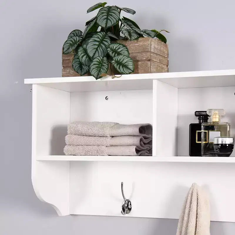 Patère murale avec étagère de rangement et 4 crochets doubles, Organisateur d'entrée en bois pour cuisine, salle de bain, salon