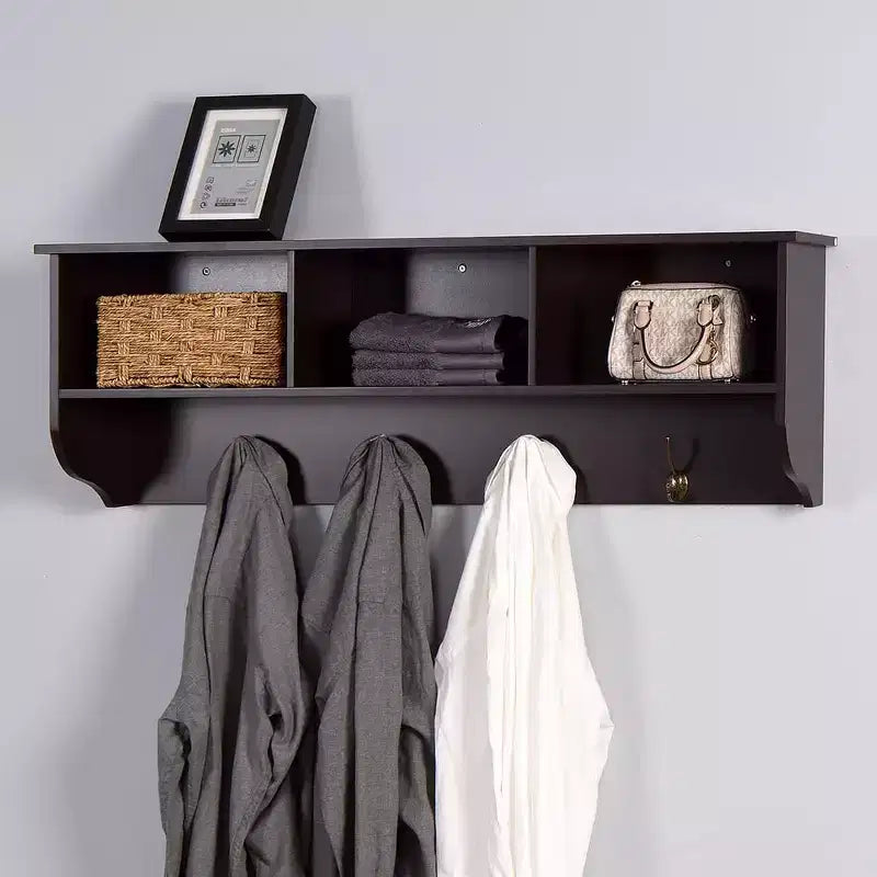 Patère murale avec étagère de rangement et 4 crochets doubles, Organisateur d'entrée en bois pour cuisine, salle de bain, salon