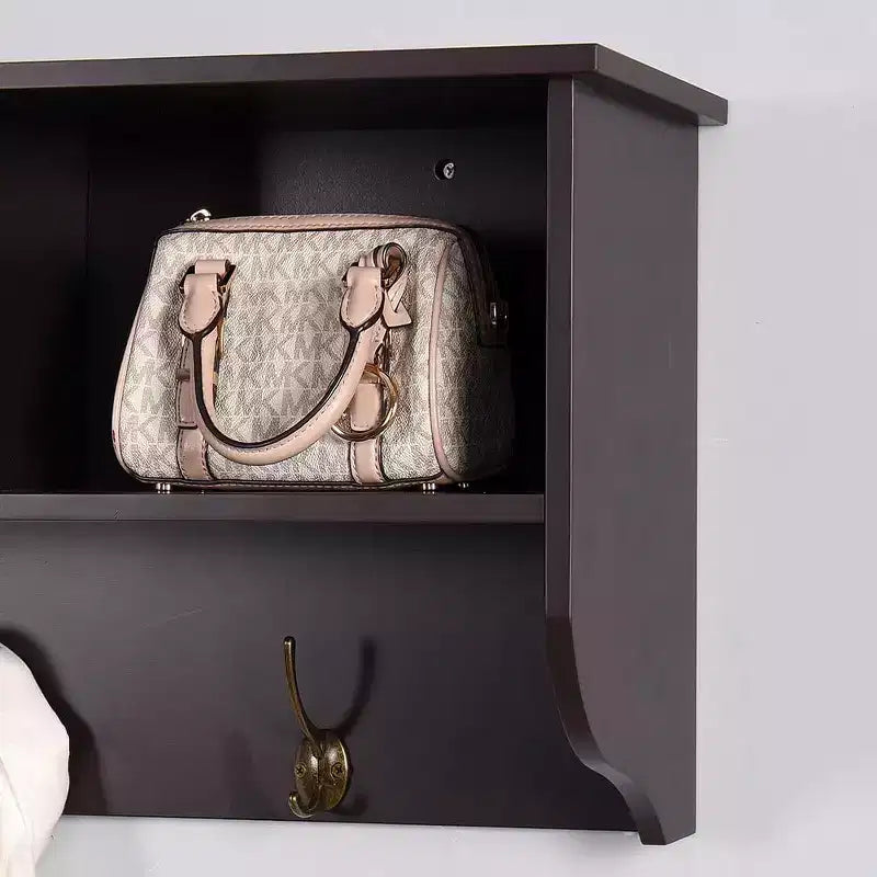 Patère murale avec étagère de rangement et 4 crochets doubles, Organisateur d'entrée en bois pour cuisine, salle de bain, salon