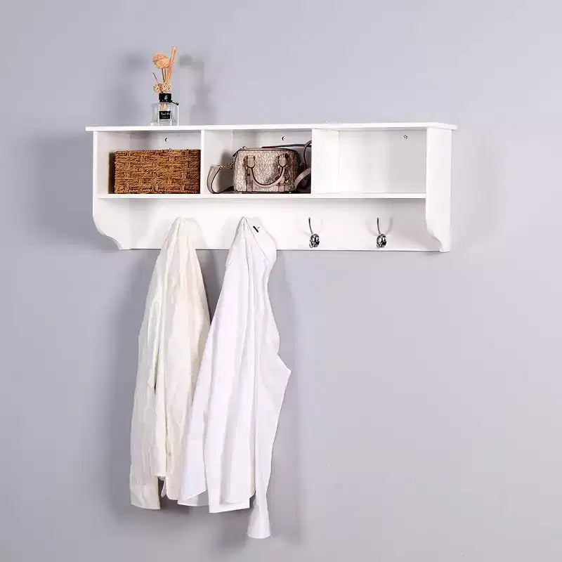 Patère murale avec étagère de rangement et 4 crochets doubles, Organisateur d'entrée en bois pour cuisine, salle de bain, salon