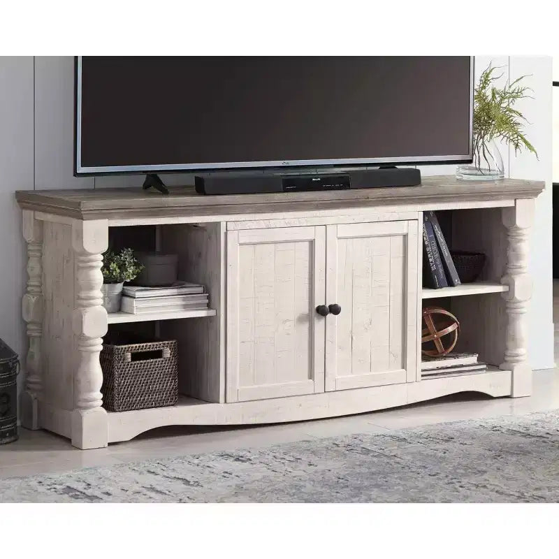 Meuble TV jusqu'à 67 pouces, Blanc, Console multimédia moderne de style ferme avec gestion des câbles