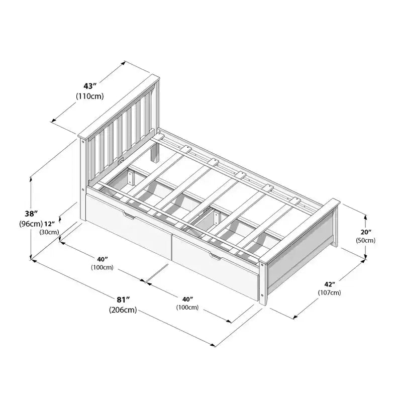 Cadre de lit simple avec tiroir de rangement, lit plateforme en bois massif pour enfants