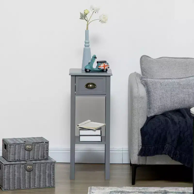 Table d'appoint à 2 niveaux avec tiroir, table de bout étroite avec étagère inférieure, pour salon ou chambre à coucher, lot de 2, gris
