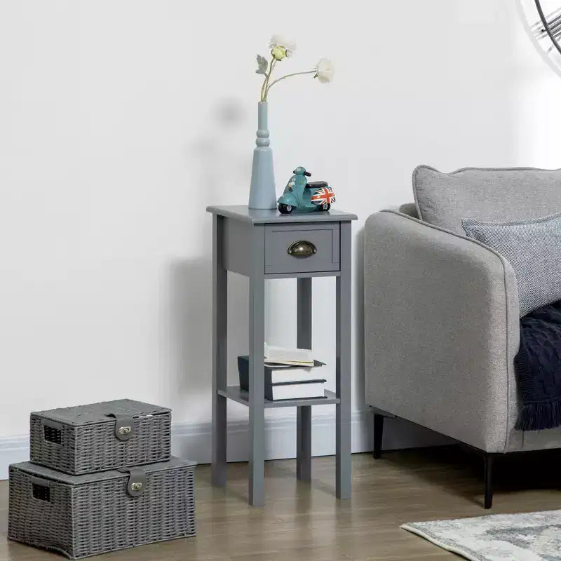 Table d'appoint à 2 niveaux avec tiroir, table de bout étroite avec étagère inférieure, pour salon ou chambre à coucher, lot de 2, gris