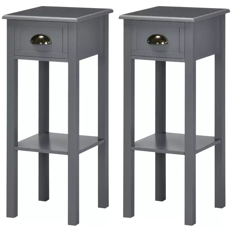 Table d'appoint à 2 niveaux avec tiroir, table de bout étroite avec étagère inférieure, pour salon ou chambre à coucher, lot de 2, gris
