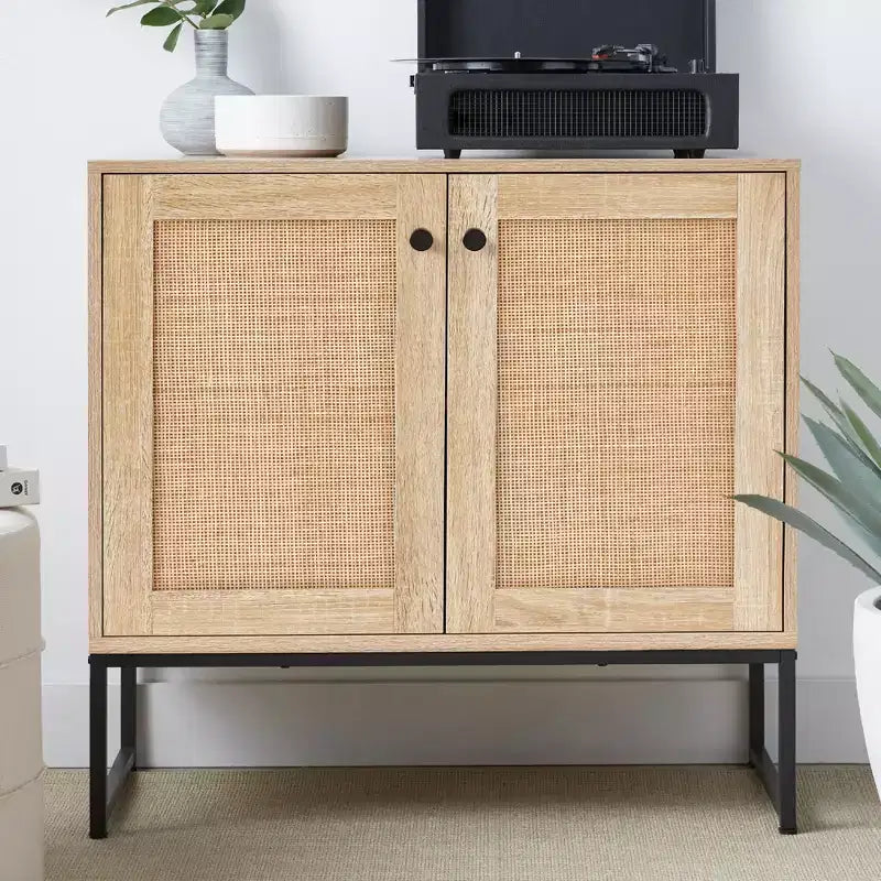 Meuble de rangement 2 portes en rotin, meuble d'appoint, placard avec patins anti-rayures