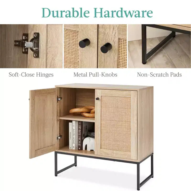 Meuble de rangement 2 portes en rotin, meuble d'appoint, placard avec patins anti-rayures