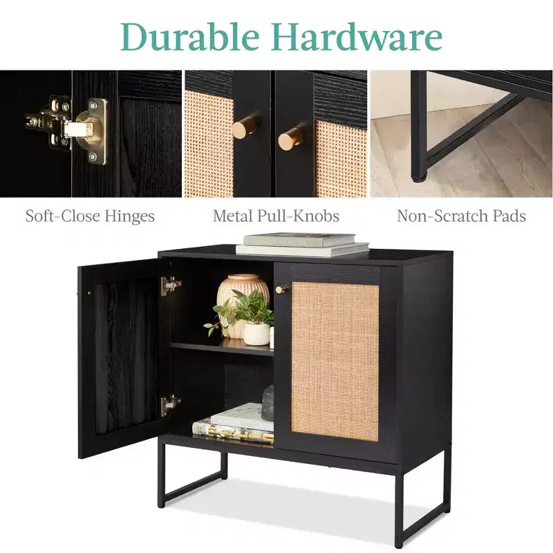 Meuble de rangement 2 portes en rotin, meuble d'appoint, placard avec patins anti-rayures